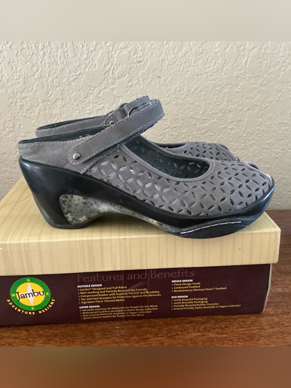 Jambu Journey Encore Perforated Mary Jane Clog Heels Gray
